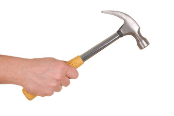 Hand holding hammer isolated on white background