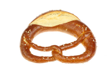 Salted pretzel isolated on a white background.