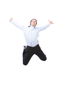 businessman happy and jumping very high on white
