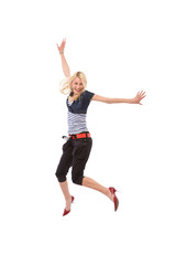 Fototapeta na wymiar beautiful and happy woman jumping high on white background