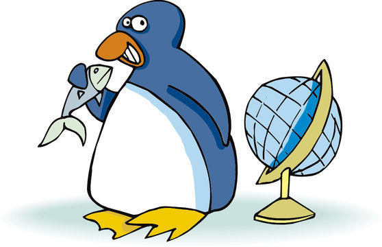 penguin with fish and globe