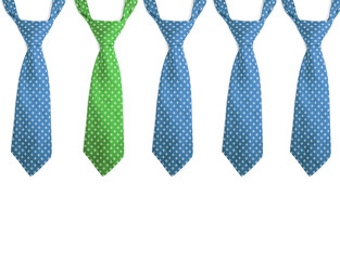 Four blue tie and a green one on white background