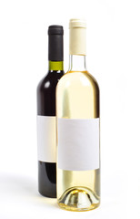 Two bottle of red and white wine on white background