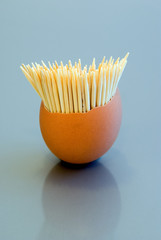 Toothpicks in eggshell on grey blue background