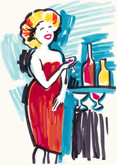 Smiling woman with glass of wine and bottles