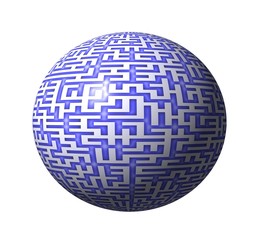 A spherical maze with blue pattern on white..