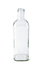 Tall empty glass bottle on white background