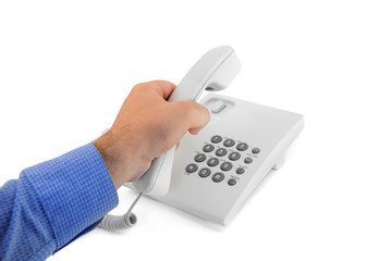 telephone with hand isolated on white background