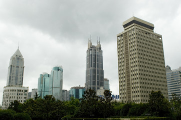 Fototapeta na wymiar China, Shanghai. Modern skyscrapers surrounding People's Square