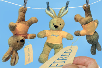 Hares with an inscription on labels: "You are fired"