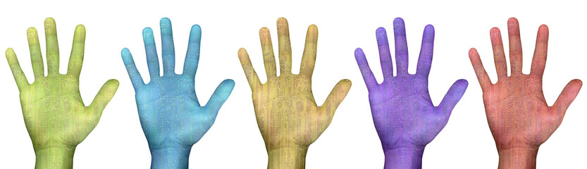 several circuitboard hands over white background