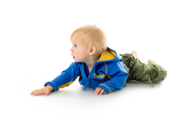 One year baby, crawl on white