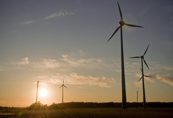 wind farm turbine generators rows at dusk