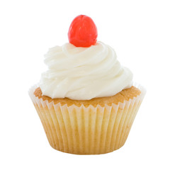 Homemade cupcake iced with a cherry on top