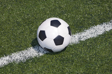 Soccer ball on the line of the field.