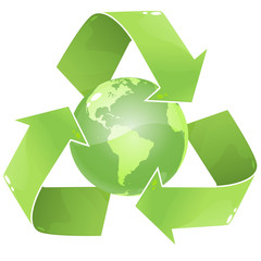 glossy globe, surrounded by the recycle icon