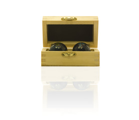 wooden box with stress balls, isolated