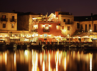 The lights of the Venetian harbour Rethymnon, Crete.