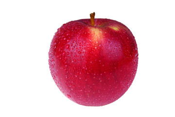 big red apple with dew isolated on white background