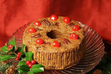 Delicious holiday fruitcake garnished with cherries
