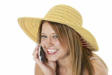 Beautiful Teen In Yellow Hat On Cellphone