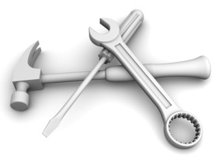 Spanner, screwdriver, hammer. Tools. 3d