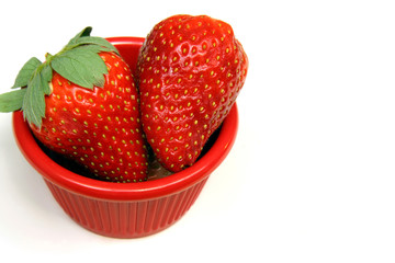 Two red juicy strawberries in cup isolated