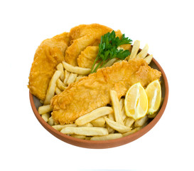 Fish, chips and potato cakes isolated over white background