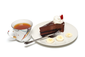 Picture of a chocolate cake and a cup of tea