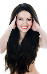 portrait of the brunette with blue eye on white background