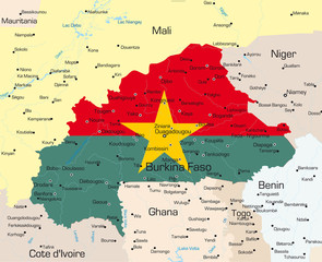 map of Burkina Faso country colored by national flag.