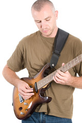 Man playing electrical guitar isolated on white background