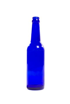 Blue Beer bottle on white background .