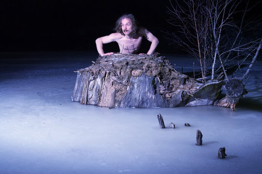 Water sprite at snag stump at the middle of frozen pond