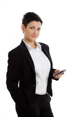 Fototapeta na wymiar Happy businesswoman using mobile phone, smiling,