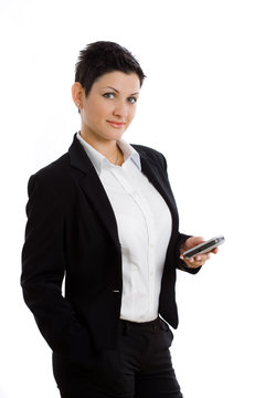 Happy businesswoman using mobile phone, smiling,