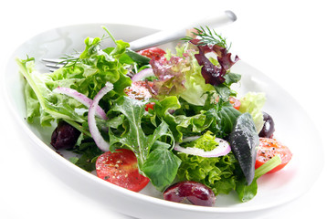 Simple garden salad in a white bowl, with fork.