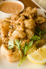 Fresh hot fried calamari on a plate with sauce