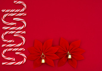 Candy cane and poinsettia border on red background