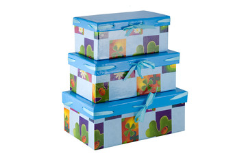 Gift boxes of blue color with a blue bowes