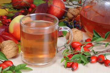 Cup of rose hip tea with fresh briars and autumn decoration