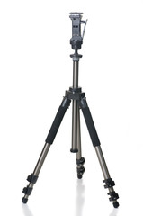 A professional camera tripod, isolated on white