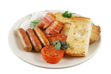 Ploughmans big breakfast of sausages, bacon and eggs,