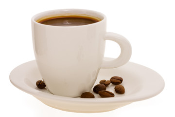 cup with coffee and grain expressed on white background