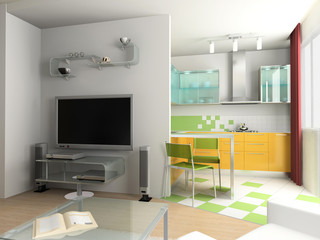 Interior of a room with a kind on kitchen