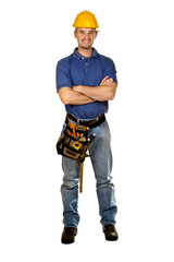 isolated standing young worker on white background
