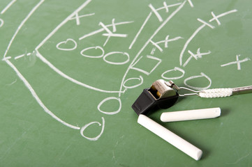 A football play diagram drawn with chalk on a challkboard