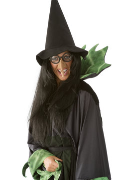 brunette with big nose and glasses as an old ugly witch