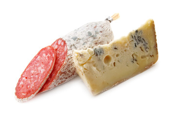salami and cheese isolated on white
