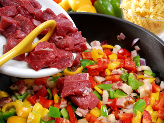 Fleisch in die Pfanne geben